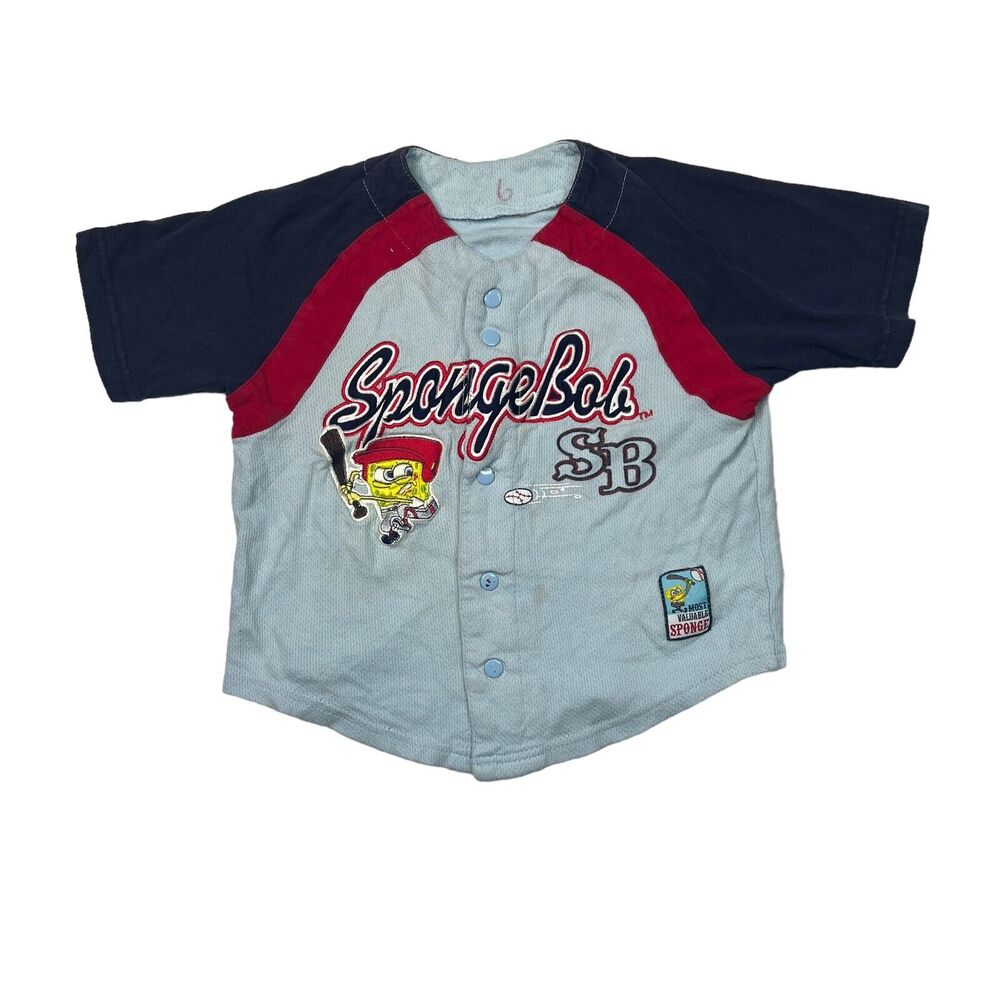 Nickelodeon Spongebob VTG Y2K Snap Front Baseball Jersey FLAW Blue Youth Small 6